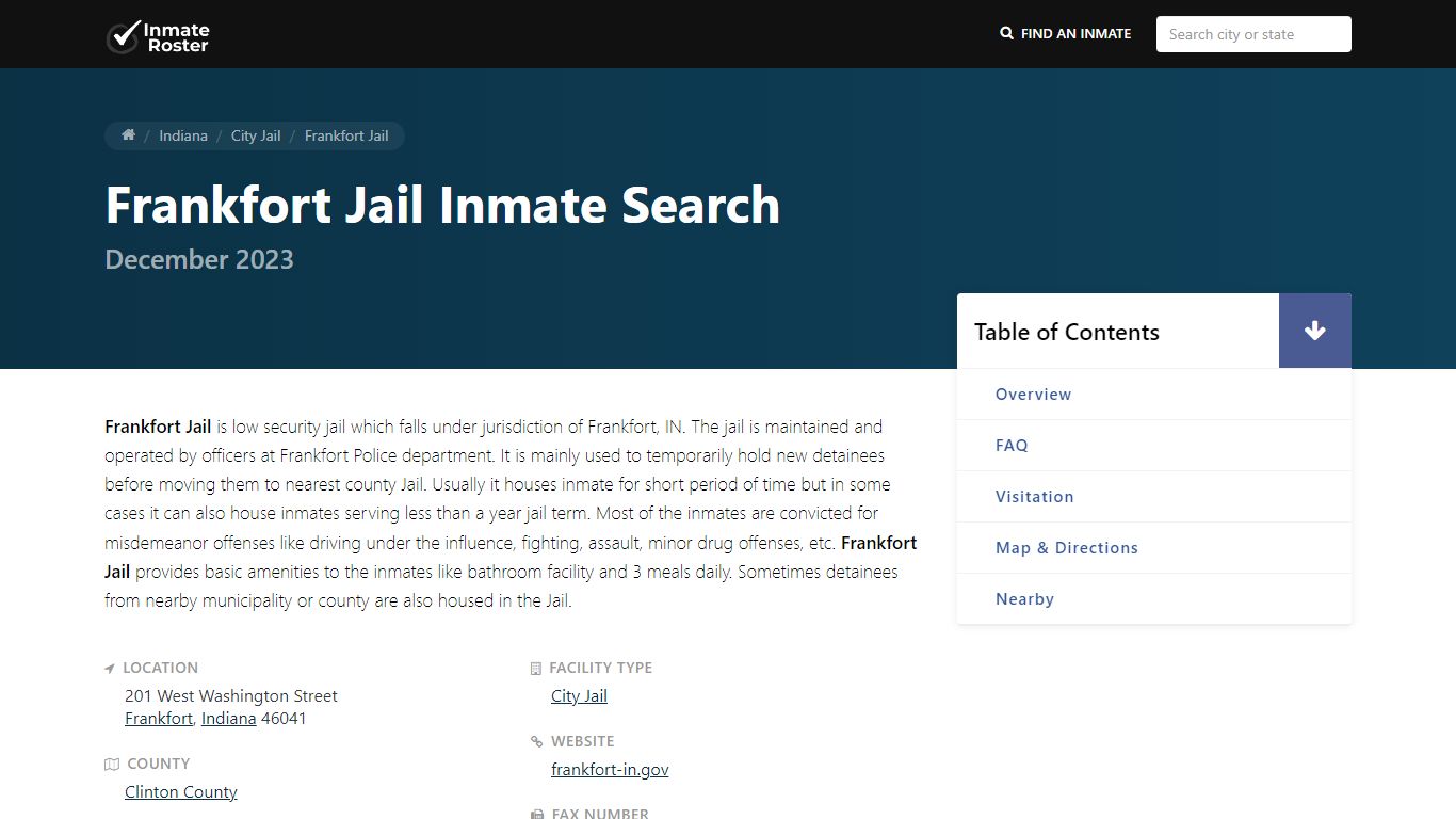 Inmate Search | Frankfort Jail - Frankfort, IN